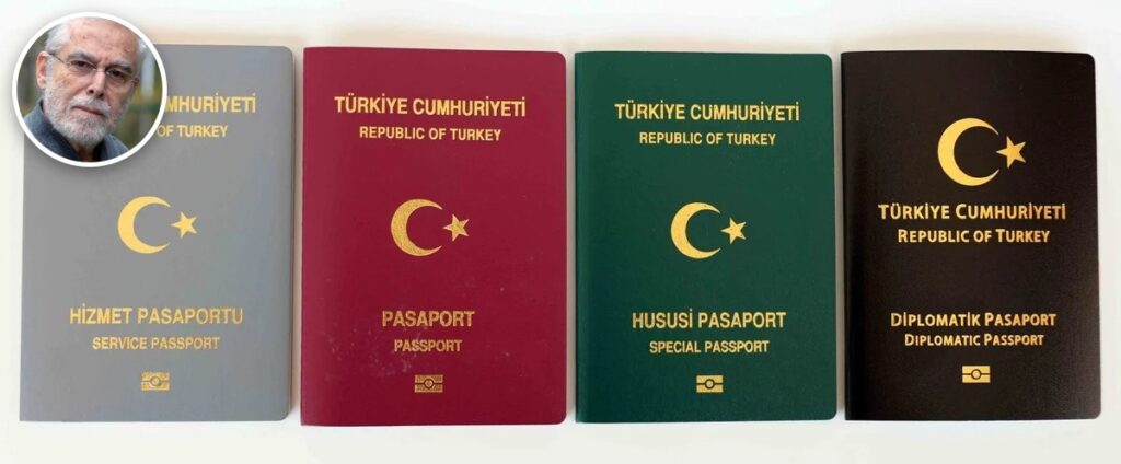 Gri hizmet, bordo umuma mahsus, yeşil hususi ve siyah diplomatik Türk pasaportları; sol üstte Baskın Oran fotoğrafı