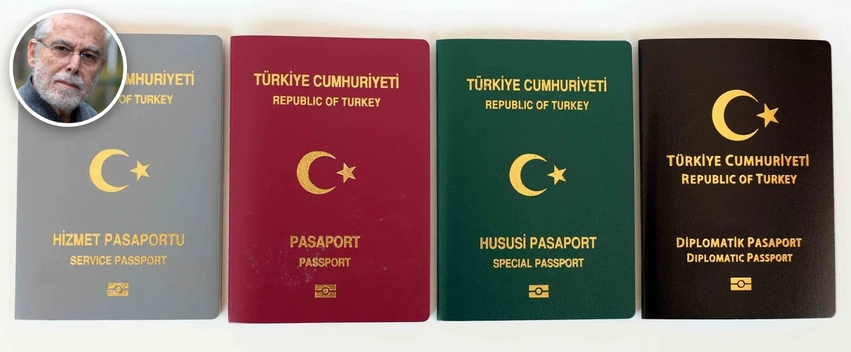 Gri hizmet, bordo umuma mahsus, yeşil hususi ve siyah diplomatik Türk pasaportları; sol üstte Baskın Oran fotoğrafı